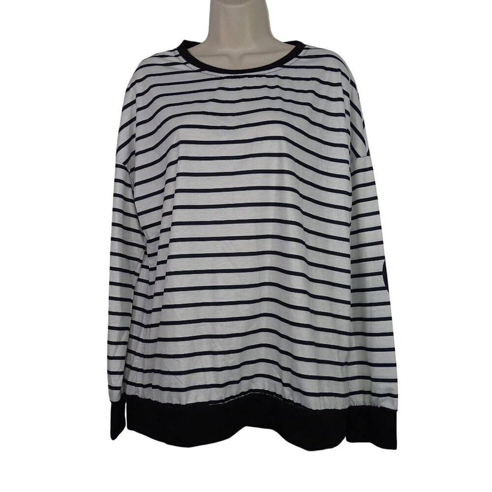 Striped Long Sleeve Shirt Women Size L Heart Elbow Graphic Black and White